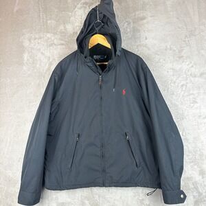 Polo Ralph Lauren Mens XL Black Hooded Fleece Lined Windbreaker Jacket Red Pony